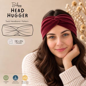 Pode incluir: Uma faixa de cabelo de veludo vermelho escuro com um detalhe de nó central. A imagem inclui o texto Babinaa Patterns Head Hugger Twist Headband Pattern, DE + EN included, Layered PDF, Instant Download e Projector Compatible.