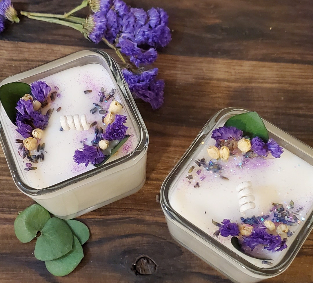 Lavender Botanical Candle Gift Set/violet Floral Square Candle, Soy ...
