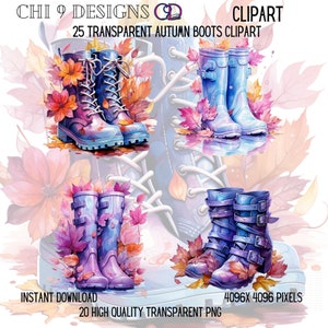 Autumn Boot Clip ART| Transparent PNGs| 25 High-Quality Images| Fall Pastel Clipart| Fall Bikes| Fall Leaves