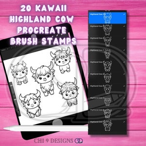 Op de afbeelding: Een digitale illustratie op een tablet met 20 Kawaii Highland Cow Procreate Brush Stamps. De afbeelding toont verschillende schattige cartoon Highland koeien in zwart en wit, met de tekst "20 KAWAII HIGHLAND COW PROCREATE BRUSH STAMPS".
