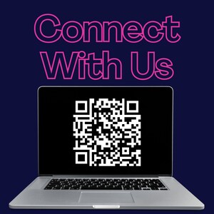 May include: A silver laptop displays a QR code on its screen against a dark blue background. Above the laptop, the words "Connect With Us" are written in pink, outlined letters.