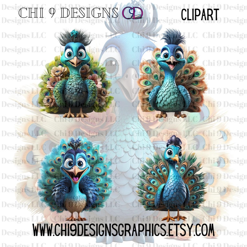 Op de afbeelding: Digitale clipartafbeelding met vier cartoon pauwen met levendige blauwe, groene en bruine veren. De pauwen hebben expressieve gezichten tegen een zachte, lichtblauwe achtergrond. Tekst bevat "CHI 9 DESIGNS" en "CLIPART", met een websiteadres.