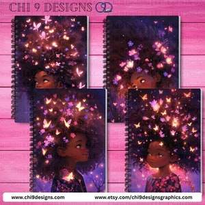 May include: Spiral-bound notebooks featuring illustrations of a young person with dark hair adorned with glowing butterflies and flowers. The artwork is set against a dark purple and blue background. The notebooks have a black spiral binding and the text "CHI 9 DESIGNS" is visible.