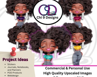 Afro-Amerikaanse clip ART| Transparante PNG's| 5 afbeeldingen van hoge kwaliteit / Afro-vrouwen | Chibi digitale poppen| Chi 9 ontwerpen| Digitale kunst