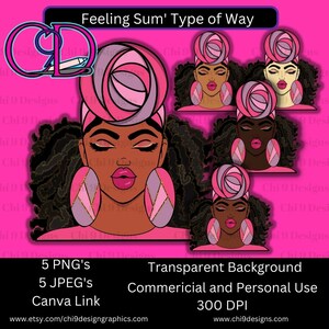 Donna afroamericana PNG, JPG, File Canva, Rosa e Viola, Cinque Tonalità di Pelle, Uso Commerciale e Personale, Tipo di Modo Feelin Sum'