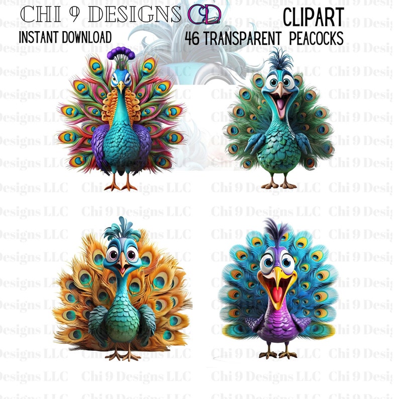 Op de afbeelding: Een digitale clipartafbeelding met vier cartoon pauwen met levendige veren. De pauwen hebben expressieve gezichten en staan in verschillende poses, met de tekst "CHI 9 DESIGNS" en "CLIPART 46 TRANSPARENT PEACOCKS INSTANT DOWNLOAD".