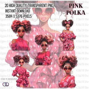 Fashion Doll Clipart| African American Woman|Transparent PNGs| 20High-Quality Images| Pink Attire| Curly Afro Hair