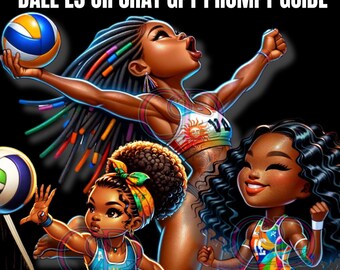 May include: Illustration of three Black women playing volleyball. The image features the text "9 Volleyball Beachers Dall E3 or Chat GPT Prompt Guide" and the Etsy shop name "CHI 9 DESIGNS". The women are wearing athletic attire and have volleyballs.