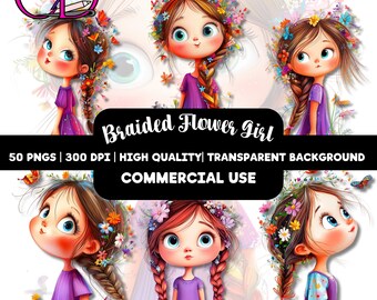Braided Flower Girl Clipart | 50 PNGs | 300 DPI | Commercial Use | Floral Girl PNG | Transparent Background | Digital Download