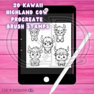 Op de afbeelding: Een digitale tablet toont Highland Cow Procreate brush stamps. De tekst luidt "20 Kawaii Highland Cow Procreate Brush Stamps". De stempels zijn zwart-wit illustraties van cartoon koeien met hoorns en pluizige vacht.