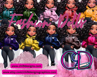 Afro meisje illustraties| Transparante PNG's| 10 hoogwaardige afbeeldingenbundel | Chibi pop clipart| Straatmodemeisje| Meisje baas clipart Digi pop