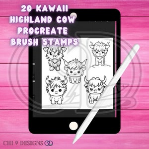 Op de afbeelding: Een digitale tablet toont zes zwart-wit illustraties van Schotse Hooglandkoeien, aangeduid als Procreate brush stamps. De tekst "20 Kawaii Highland Cow Procreate Brush Stamps" staat bovenaan. Een witte stylus ligt op de tablet. De achtergrond is roze.