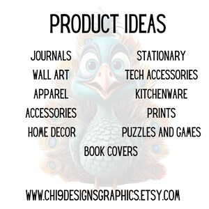 Op de afbeelding: Digitale afbeelding met een cartoon pauw en de tekst "PRODUCT IDEAS". Het bevat productcategorie&euml;n: journals, wall art, kleding, accessoires, home decor, stationery, tech accessoires, kitchenware, prints, puzzels, games en boekomslagen. Het websiteadres is ook opgenomen.
