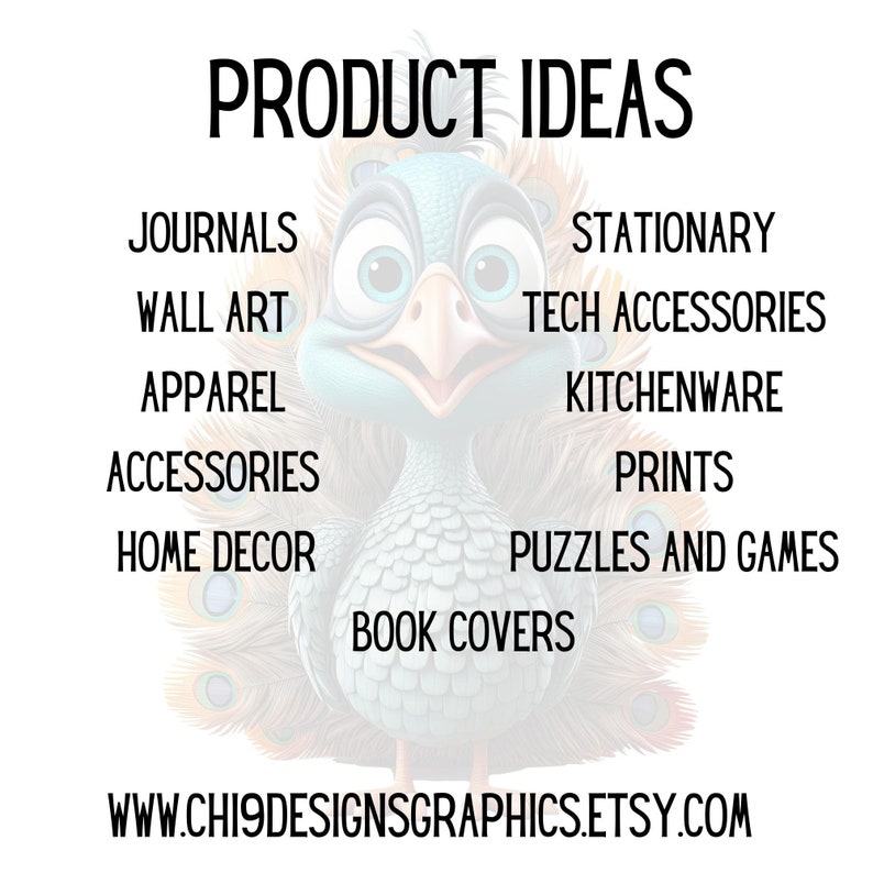 Op de afbeelding: Digitale afbeelding met een cartoon pauw en de tekst "PRODUCT IDEAS". Het bevat productcategorie&euml;n: journals, wall art, kleding, accessoires, home decor, stationery, tech accessoires, kitchenware, prints, puzzels, games en boekomslagen. Het websiteadres is ook opgenomen.
