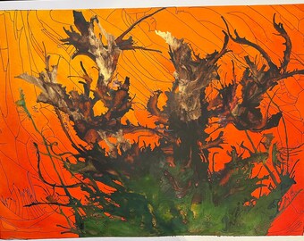 Dipinto astratto ad acquerello a inchiostro che ricorda una pianta: vibranti tonalità arancioni e blu "Palla di radici"