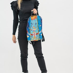 Blue backpack with abstract painting design *  Blue art rucksack * Beach travel backpack * Original birthday gift for art fan