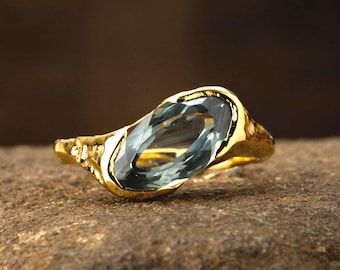 Pastel Blue Montana Sapphire Engagement Ring: 18k Recycled Gold, Wood Cast Oval Marquise Moval Cut