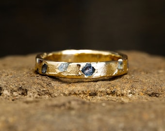 Yogo Rough Montana Sapphire Eternity Ring | 14k Recycled Gold | Raw Sapphire eternity ring | Wedding Band | cast in place | rustic