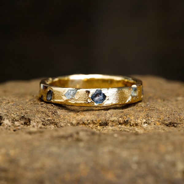 Yogo Rough Montana Sapphire Eternity Ring | 14k Recycled Gold | Raw Sapphire eternity ring | Wedding Band | cast in place | rustic