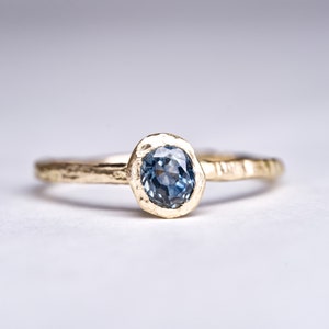 Steel Blue Montana Sapphire | Old Mine Cut Solitaire Ring | Ethical | Stacking Ring | Diamond Alternative | Textured 18k Gold | Recycled