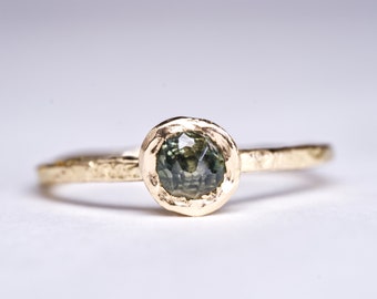 Green Montana Sapphire | Old Mine Cut Solitaire Ring | Ethical | Stacking Ring | Diamond Alternative | Textured 18k Gold | Recycled