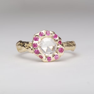 Rose Cut Ruby Halo Vintage Style Engagement Ring | Unconventional | Low Profile | Nature Inspired | 18k Recycled Gold | Alternative Bride