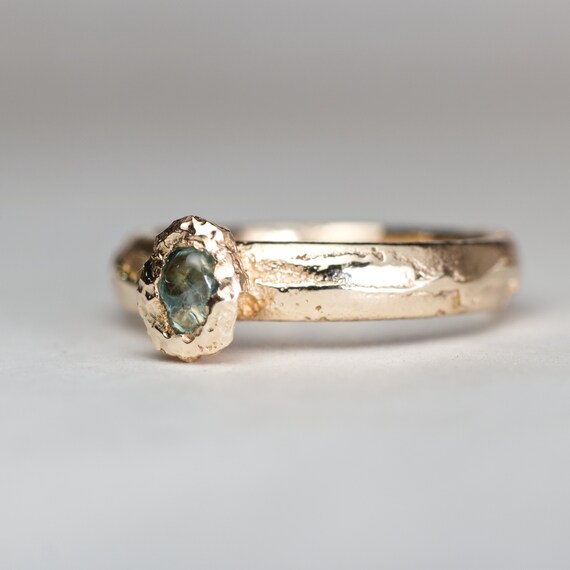 Blue Montana Sapphire Pebble | 14k Recycled Gold Rough Montana Sapphire Engagement Ring Solitaire Ring| cast in place