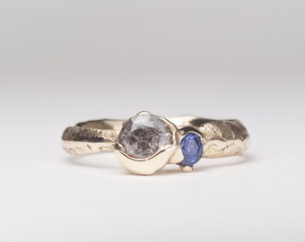 Diamond Sapphire Ring | Montana Sapphire Engagement Ring | Salt and Pepper Diamond Engagement Ring | Dainty Cluster | Organic Wedding Ring
