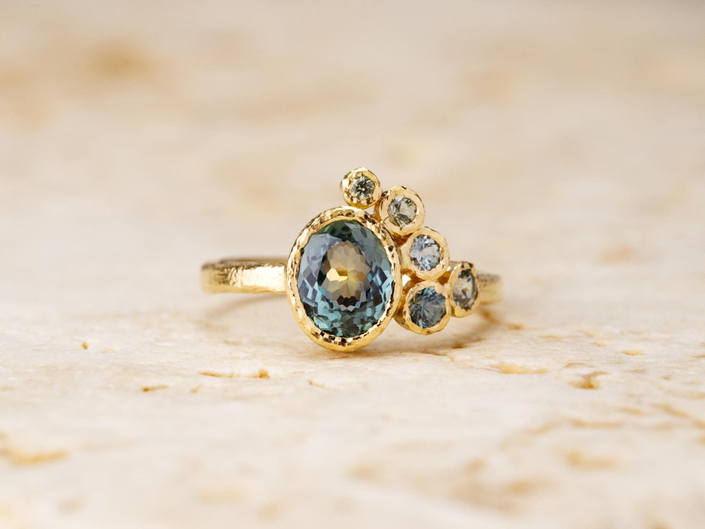 Teal Blue Montana Sapphire Engagement Ring Cluster Rose Cut