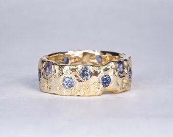 Montana Sapphire Eternity Ring Wide | 18k Recycled Gold | Ethical Alternative Wedding Band | cast in place | Textured | Cigar Ring Rustic