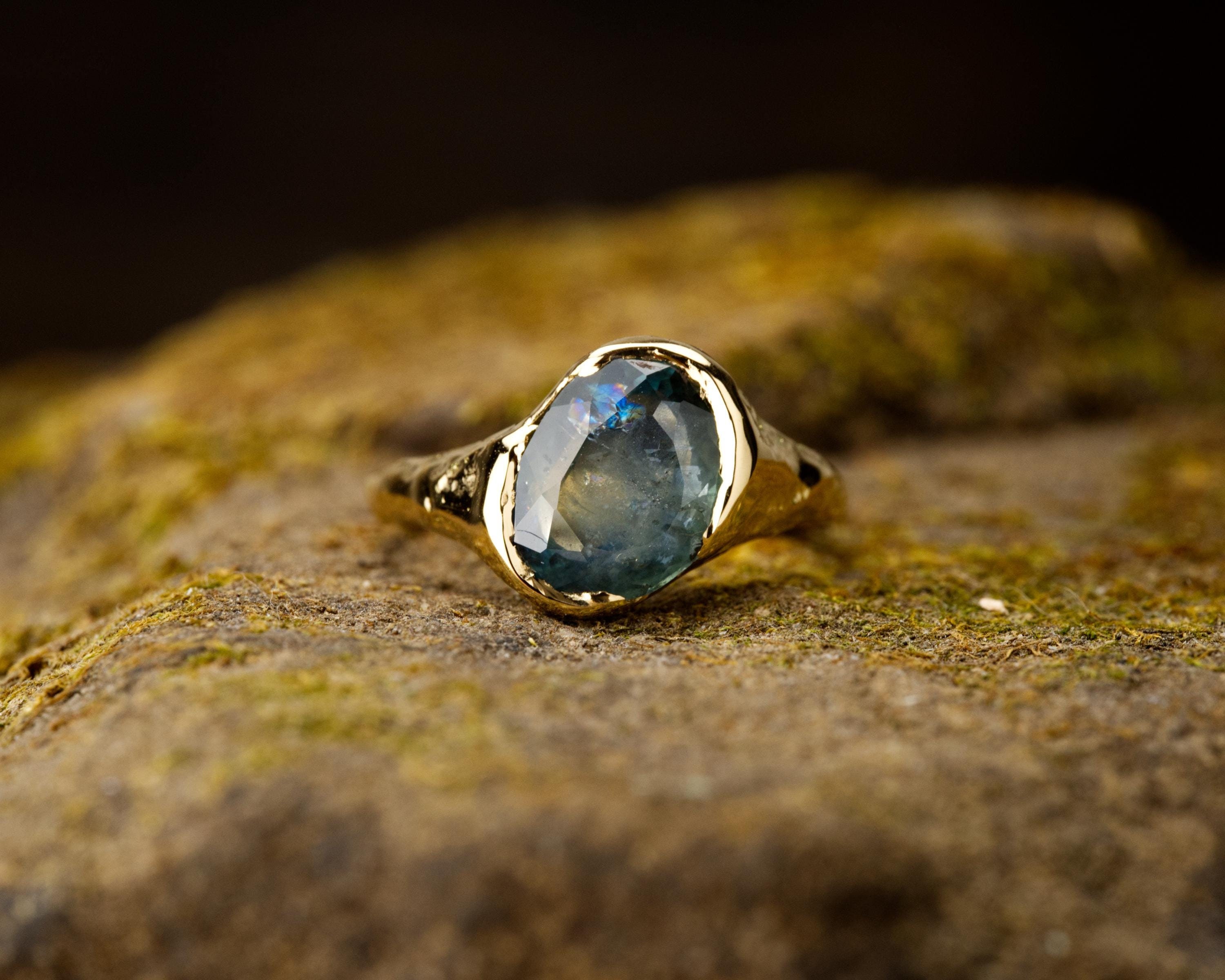 Stormy Blue Montana Sapphire Engagement Ring | 2.5ct Included Stone | Ethical | Recycled Gold | Diamond Alternative | Old Mine | Natural