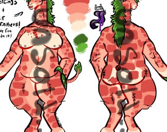 May include: A digital illustration of a pink and red giraffe with green hair and hooves. The giraffe is shown from the front and back. The illustration is on a white background.