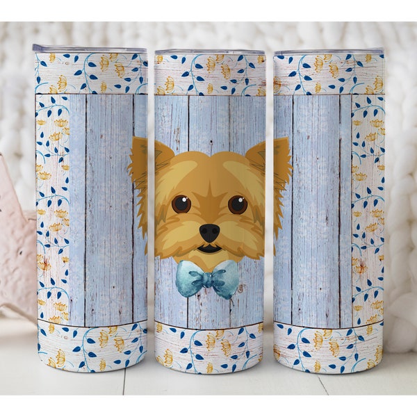 Chien Yorkie Portrait Tumbler Sublimation Design Template, pour 20 oz Straight Skinny Tumbler Wrap, Téléchargement numérique PNG de haute qualité