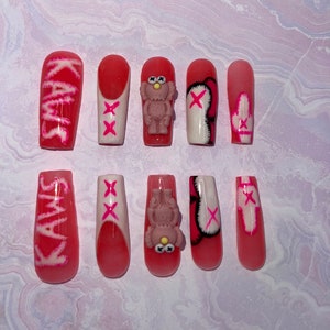SAME DAY SHIP| Read Description Kaws press on nails| Xl press ons| hand drawn press ons| press on nail set with kit| acrylic nail set
