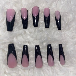 SAME DAY SHIP| Black & pink French press ons| Read Description| French press ons| French acrylic nails| press on kit| long coffin press ons