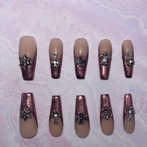 SAME DAY SHIP|Chrome press on nails| cross charm press ons| pink chrome nails| long press on nails| French press ons| long nails with charms