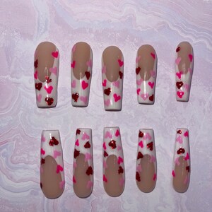 SAME DAY SHIP| Read Description| Valentine’s Day press on nails| xl press ons| acrylic press ons| white French nails| heart nails|