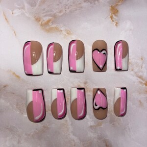 SAME DAY SHIP|Medium press on nails| French press on nails| pop art press on nails| pink and white acrylic nails| square press on nails