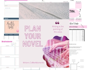Könnte beinhalten: Ein rosa-weißer druckbarer Planer mit dem Text "Plan Your Novel" und "Writers CoffeeMoments". Der Planer enthält Abschnitte für Zielsetzung, Wochenplanung, monatliche Notizen, Brainstorming und Wortverfolgung. Das Zitat "Writing is the painting of the voice." ist ebenfalls enthalten.