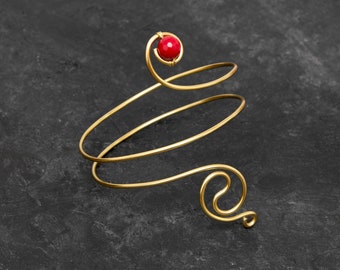 Red quartz brass arm cuff, upper arm cuff ,bicep bracelet, armlet Wire wrapped copper ,Arm Cuff,