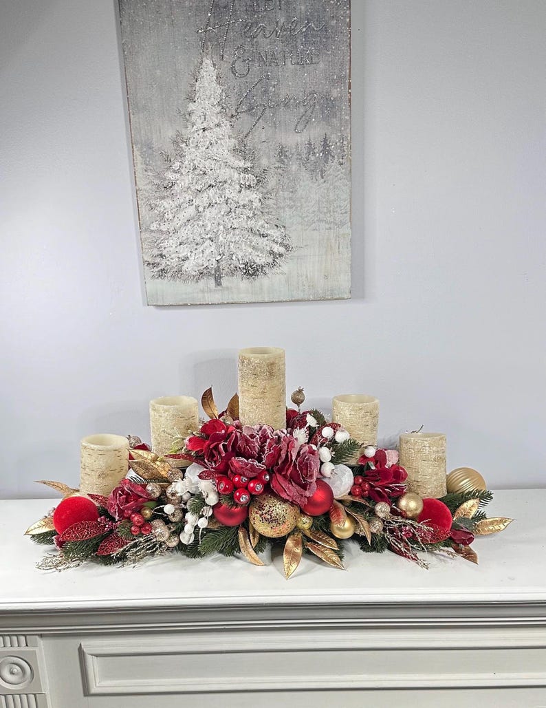 Elegant Handmade Red and Gold Christmas Centerpiece With LED Candles