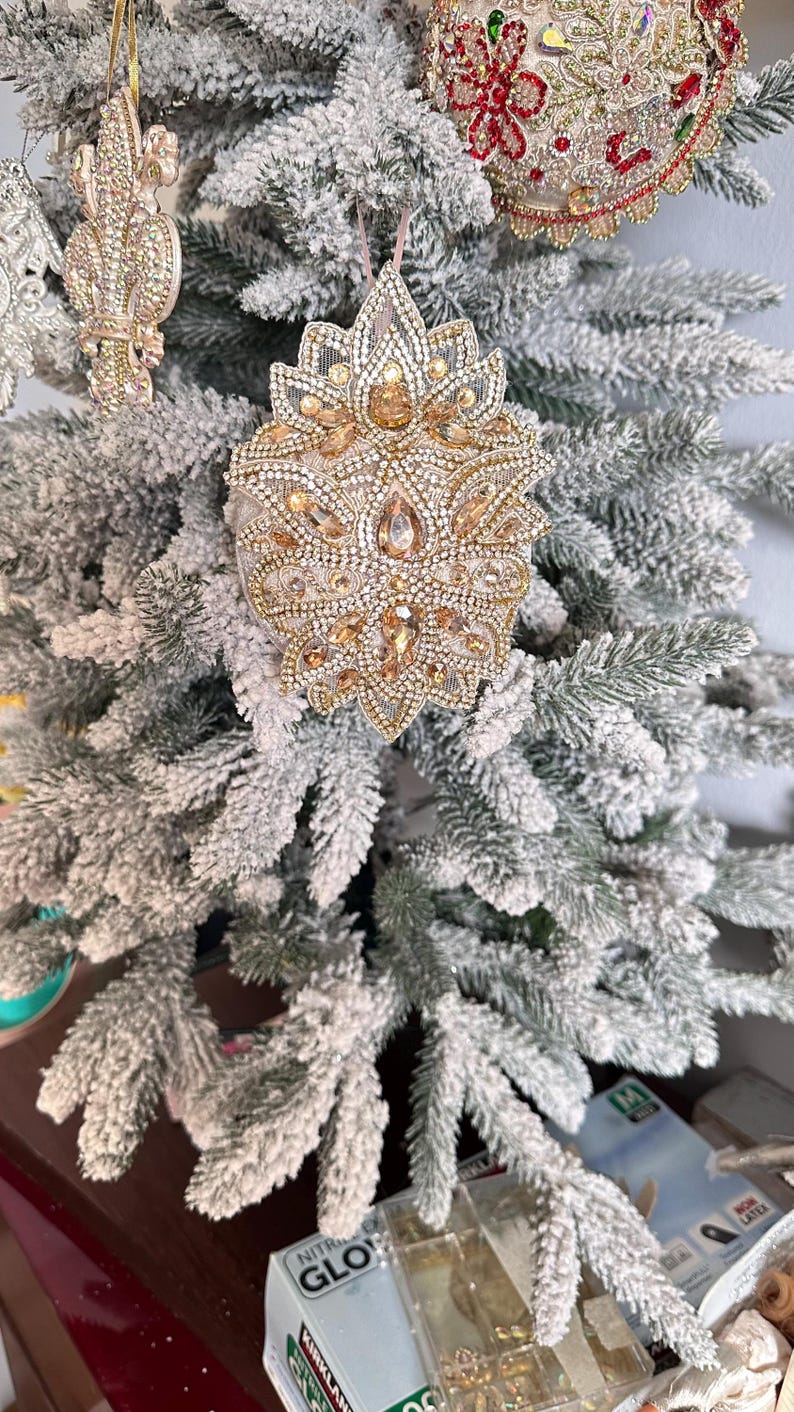 High End Holiday Jewel Ornament Beige Velvet Embellished With