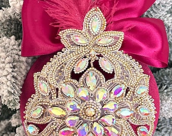 Luxury 8-Inch Velvet Christmas Ornament with Opulent Rhinestone Embellishments
