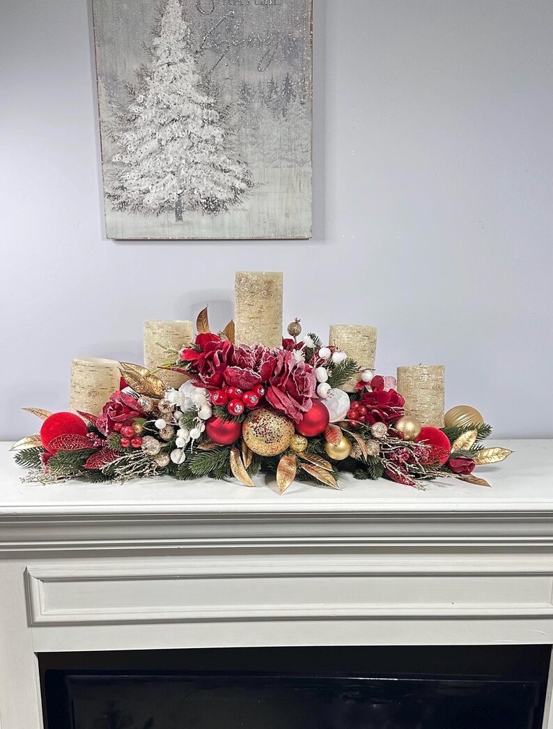 Elegant Handmade Red and Gold Christmas Centerpiece With LED Candles