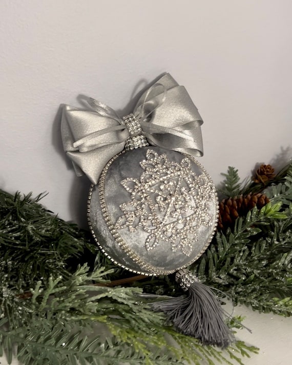 Christmas Handmade Ornament Jewel Gray Silver Velvet, Rhinestones, Lace 8” measuring with bow tassels