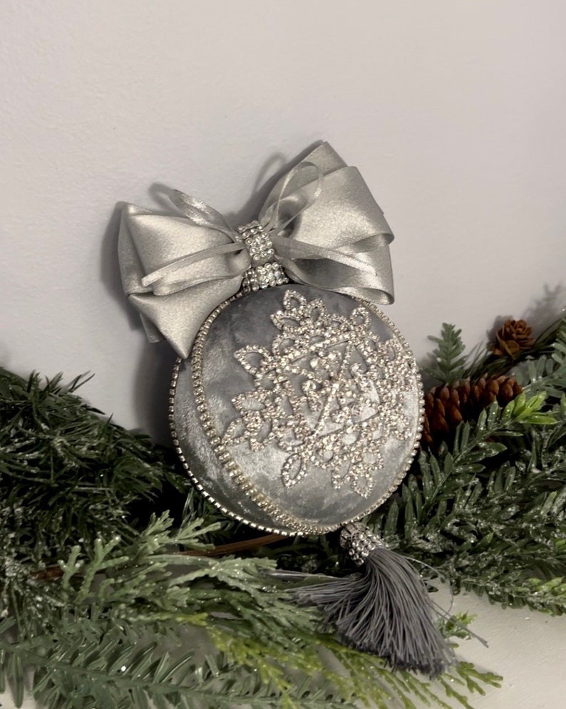 Christmas Handmade Ornament Jewel Gray Silver Velvet, Rhinestones, Lace 8” measuring with bow tassels bild 1