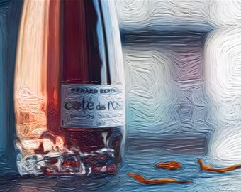 Rosé Wine Bottle with Sunflower Petals Print in Archival Matte or Semi Glossy Art Paper