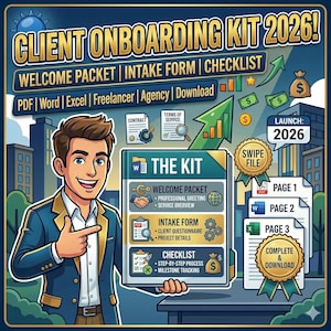 Peut inclure: Illustration de kit d'intégration client pour 2026. L'image présente un homme pointant vers un kit numérique avec des paquets de bienvenue, des formulaires et des listes de contrôle. Inclut les formats PDF, Word et Excel.