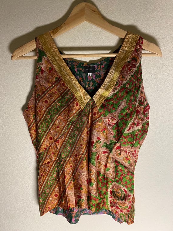 upcycled Sari top green and gold vneck