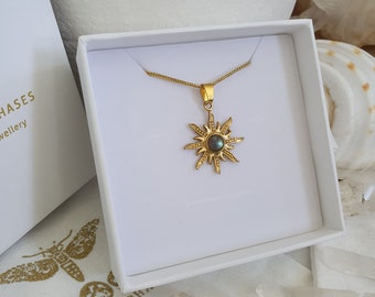 Solar𖦹⊹ Labradorite stone necklace, delicate handmade gemstone crystal pendant, spiritual boho gypsy gold delicate solid brass necklace